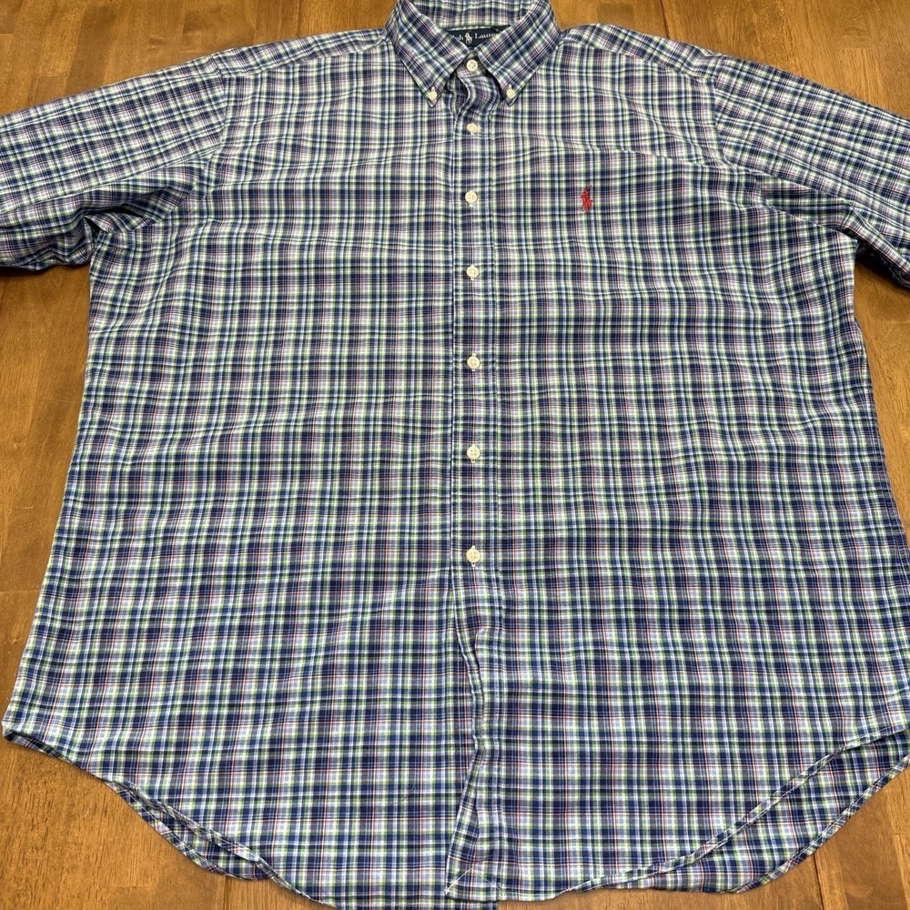 Ralph Lauren shirt men's large 16.5 blue green classic plaid preppy button down - Picture 4 of 12